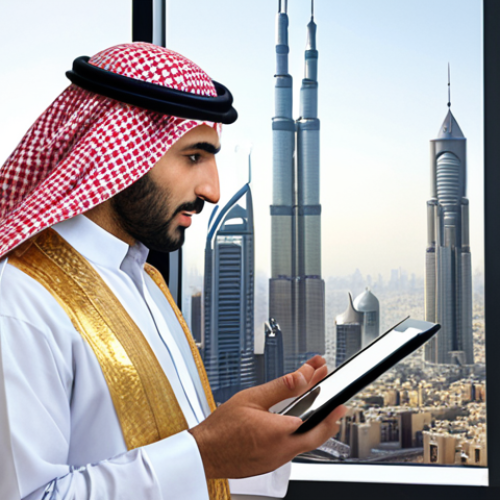 **Image of a Wise Investor:** A confident Arab investor in traditional clothing, analyzing market trends on a modern tablet with a stock chart visible.  Subtle background showing a bustling modern city skyline. Focus on intelligence and financial acumen.