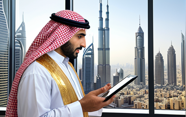 **Image of a Wise Investor:** A confident Arab investor in traditional clothing, analyzing market trends on a modern tablet with a stock chart visible.  Subtle background showing a bustling modern city skyline. Focus on intelligence and financial acumen.
