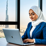 **

"A professional businesswoman wearing a hijab and a modest business suit, working on a laptop in a modern office in Dubai. The background features the Burj Khalifa. Fully clothed, appropriate attire, safe for work, perfect anatomy, natural proportions, professional, high quality."

**