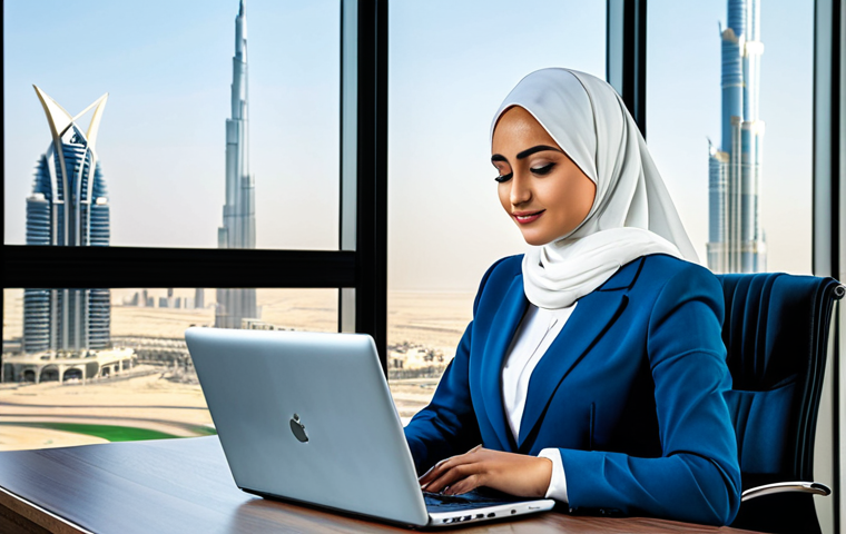 **

"A professional businesswoman wearing a hijab and a modest business suit, working on a laptop in a modern office in Dubai. The background features the Burj Khalifa. Fully clothed, appropriate attire, safe for work, perfect anatomy, natural proportions, professional, high quality."

**
