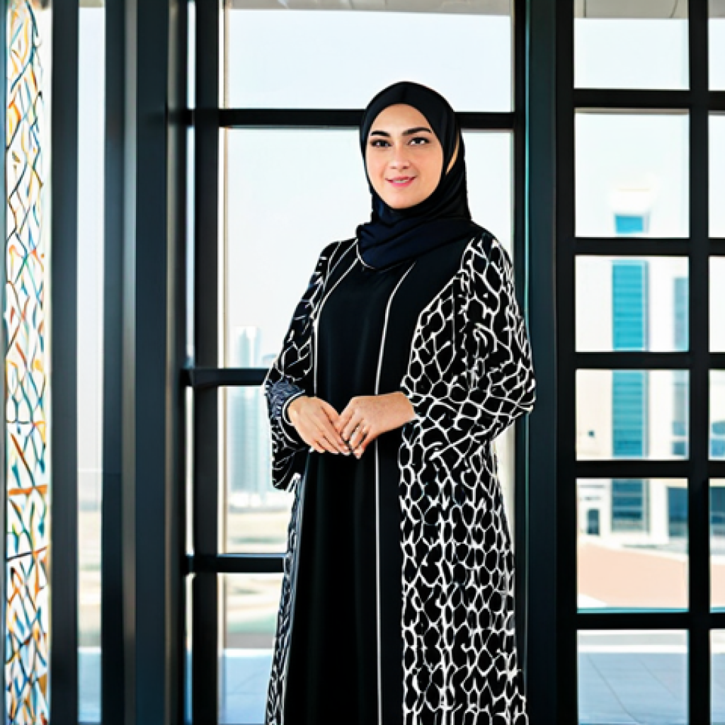 **Prompt:** A confident businesswoman in a stylish, fully clothed, modest modern abaya, standing in a bright, contemporary office in Dubai, United Arab Emirates. Background features clean lines, glass walls, and subtle Islamic geometric patterns. Professional attire, safe for work, appropriate content, perfect anatomy, natural proportions, professional photography, high quality.