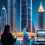 비트코인과 디지털 화폐의 미래 - A futuristic digital marketplace set in a vibrant Middle Eastern cityscape at dusk, showcasing diver...