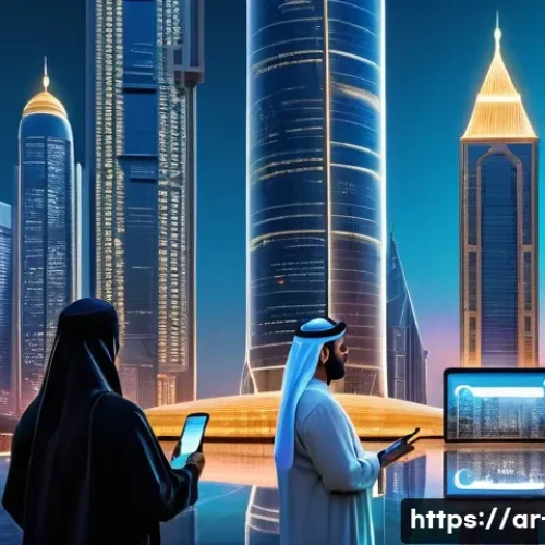 비트코인과 디지털 화폐의 미래 - A futuristic digital marketplace set in a vibrant Middle Eastern cityscape at dusk, showcasing diver...