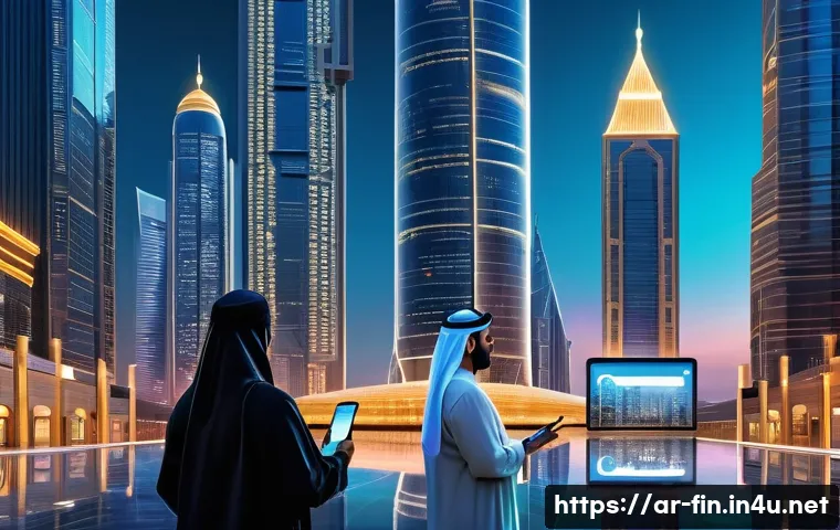 비트코인과 디지털 화폐의 미래 - A futuristic digital marketplace set in a vibrant Middle Eastern cityscape at dusk, showcasing diver...