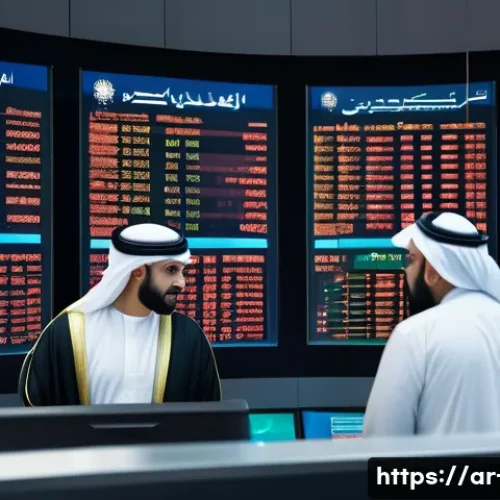자유무역협정과 환율 관계 - A bustling Middle Eastern financial market scene depicting traders and investors analyzing currency ...