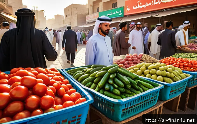 경제 용어 쉽게 이해하기 - A vibrant Middle Eastern open-air market scene in the early morning, with Arabic signage on stalls, ...
