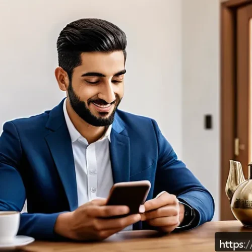 자유롭게 입출금 가능한 통장 - A modern Middle Eastern man using a sleek smartphone banking app in a cozy, contemporary home settin...