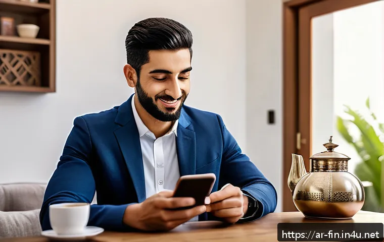 자유롭게 입출금 가능한 통장 - A modern Middle Eastern man using a sleek smartphone banking app in a cozy, contemporary home settin...