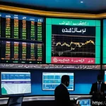 주식 투자와 환율 상관성 - A detailed financial market scene set in a modern Middle Eastern city with Arabic signage on stock e...