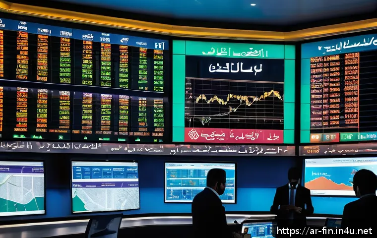 주식 투자와 환율 상관성 - A detailed financial market scene set in a modern Middle Eastern city with Arabic signage on stock e...
