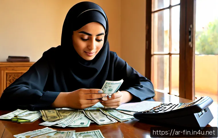 해외 송금 수수료 절약 - Photorealistic Arab woman in modest contemporary abaya seated at a clean sunlit home desk, comparing...